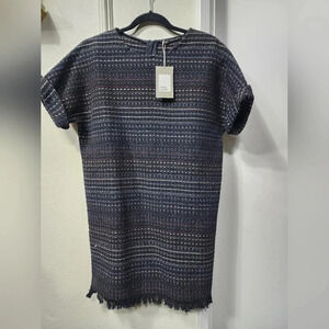 ZARA NWT Tweed Sheath Dress Black Stripes Gold Blue Red Fringe Size Small